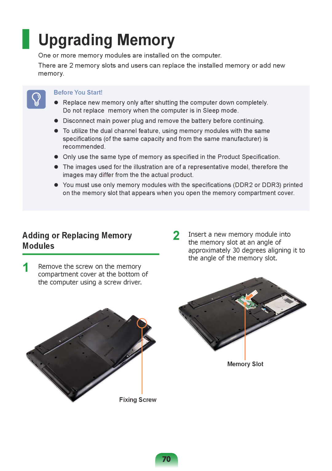 Samsung NP-Q428-DT02VN, NP-Q428-DS05VN Upgrading Memory, Adding or Replacing Memory Modules, Fixing Screw, Memory Slot 