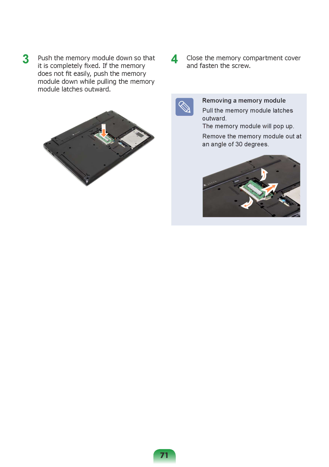 Samsung NP-Q428-DS05VN, NP-Q428-DT02VN, NP-Q428-DS01VN, NP-Q428-DS02VN, NP-Q428-DS04VN manual Removing a memory module 