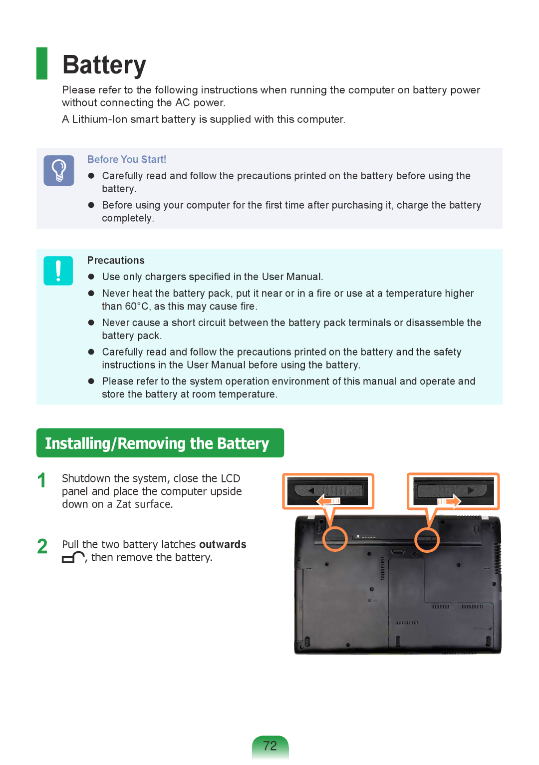 Samsung NP-Q428-DS01VN, NP-Q428-DT02VN, NP-Q428-DS05VN, NP-Q428-DS02VN manual Installing/Removing the Battery, Precautions 