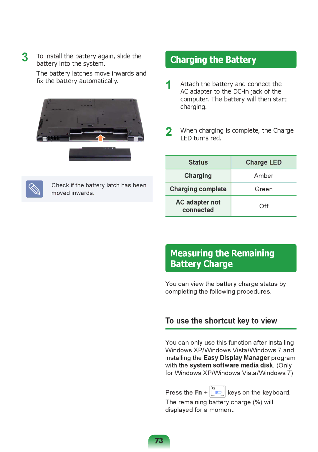 Samsung NP-Q428-DS02VN, NP-Q428-DT02VN, NP-Q428-DS05VN, NP-Q428-DS01VN Charging the Battery, To use the shortcut key to view 