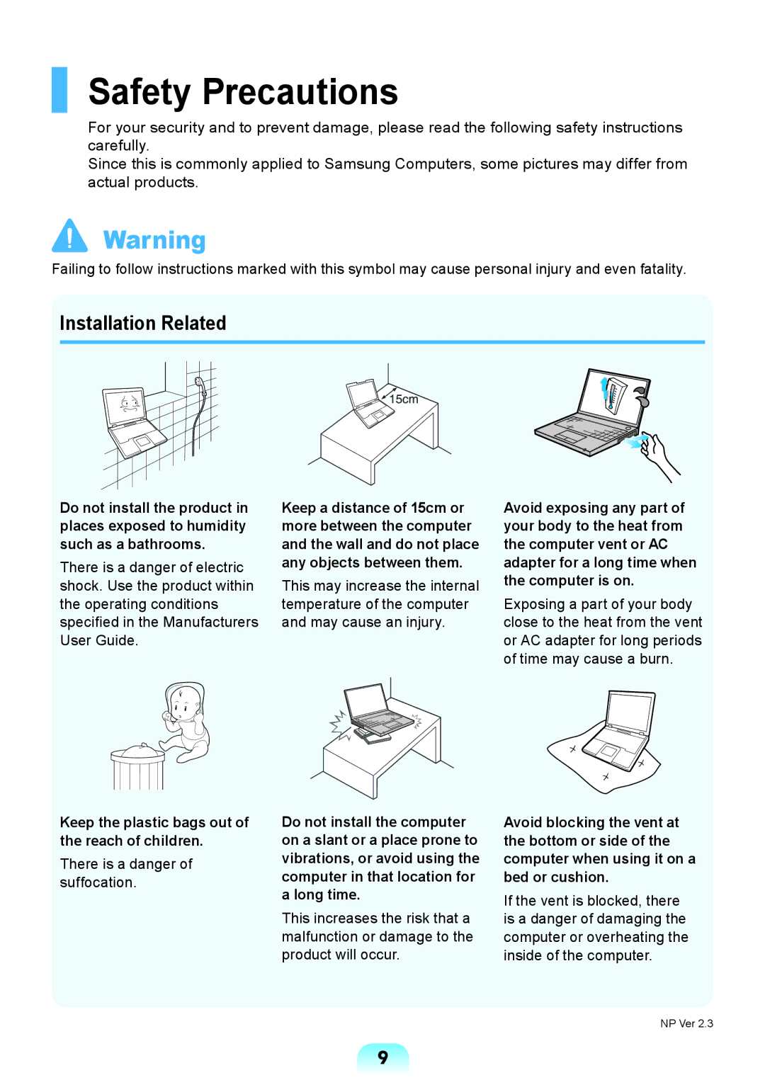 Samsung NP-Q428-DS01VN manual Safety Precautions, Installation Related, Keep the plastic bags out of the reach of children 