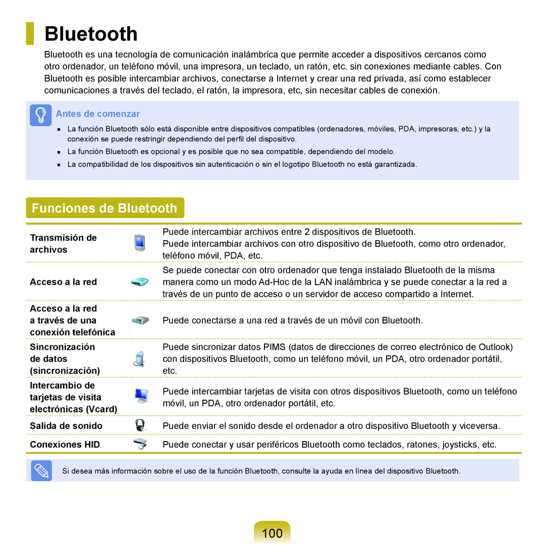 Samsung NP-Q45A007/SES, NP-Q45A001/SES, NP-Q45A003/SES, NP-Q45A006/SES, NP-Q45A005/SES manual Funciones de Bluetooth, 100 