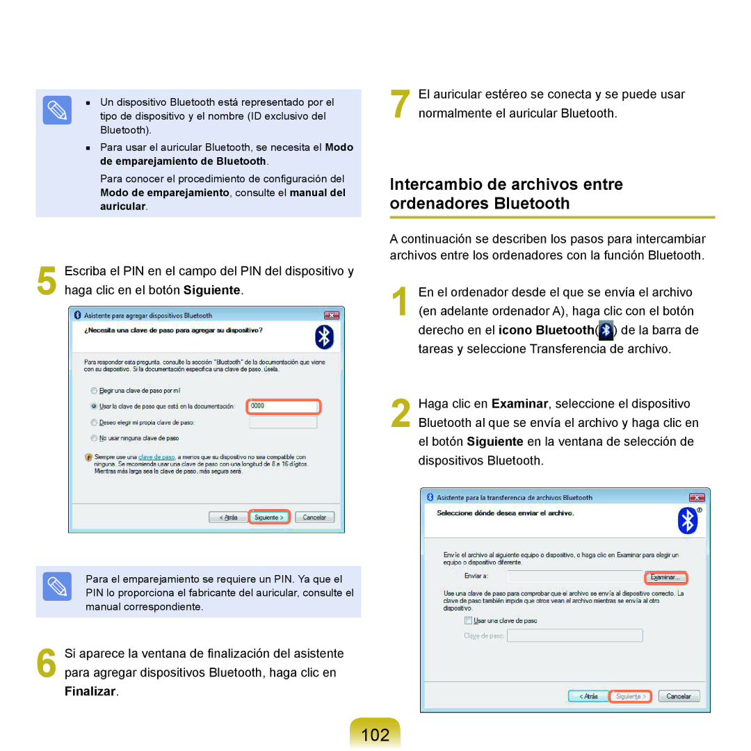 Samsung NP-Q45A005/SES, NP-Q45A001/SES, NP-Q45A003/SES manual 102, Intercambio de archivos entre ordenadores Bluetooth 