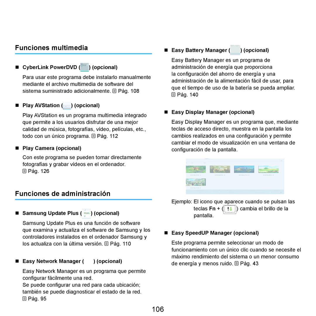 Samsung NP-Q45A008/SES, NP-Q45A001/SES, NP-Q45A003/SES manual 106, Funciones multimedia, Funciones de administración 