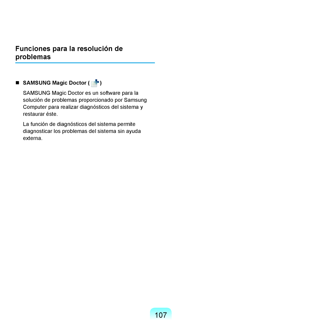 Samsung NP-Q45A001/SES, NP-Q45A003/SES manual 107, Funciones para la resolución de problemas,  Samsung Magic Doctor 