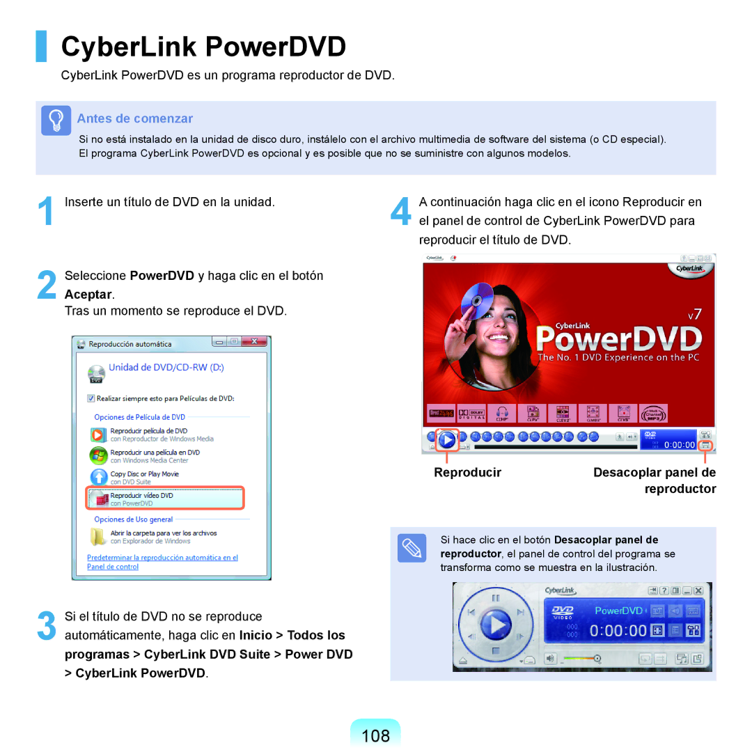 Samsung NP-Q45A003/SES, NP-Q45A001/SES, NP-Q45A007/SES, NP-Q45A006/SES manual CyberLink PowerDVD, 108, Reproducir, Reproductor 