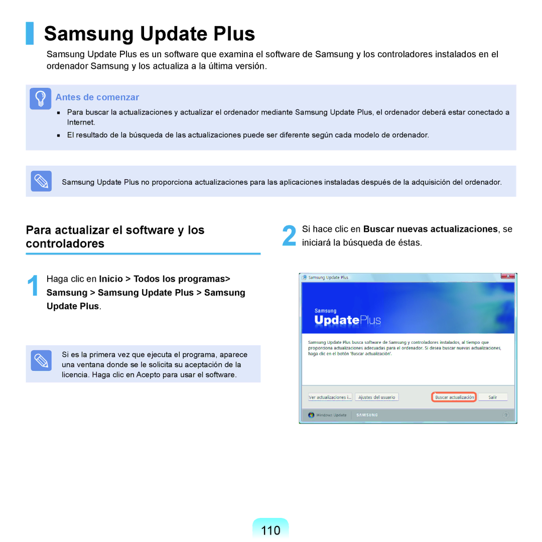 Samsung NP-Q45A006/SES, NP-Q45A001/SES manual Samsung Update Plus, 110, Para actualizar el software y los controladores 