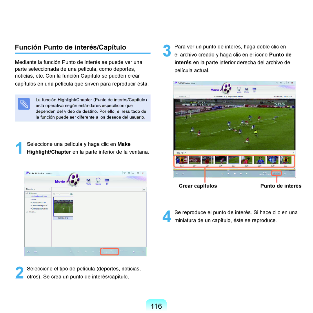 Samsung NP-Q45A001/SES, NP-Q45A003/SES manual 116, Función Punto de interés/Capítulo, Crear capítulos Punto de interés 