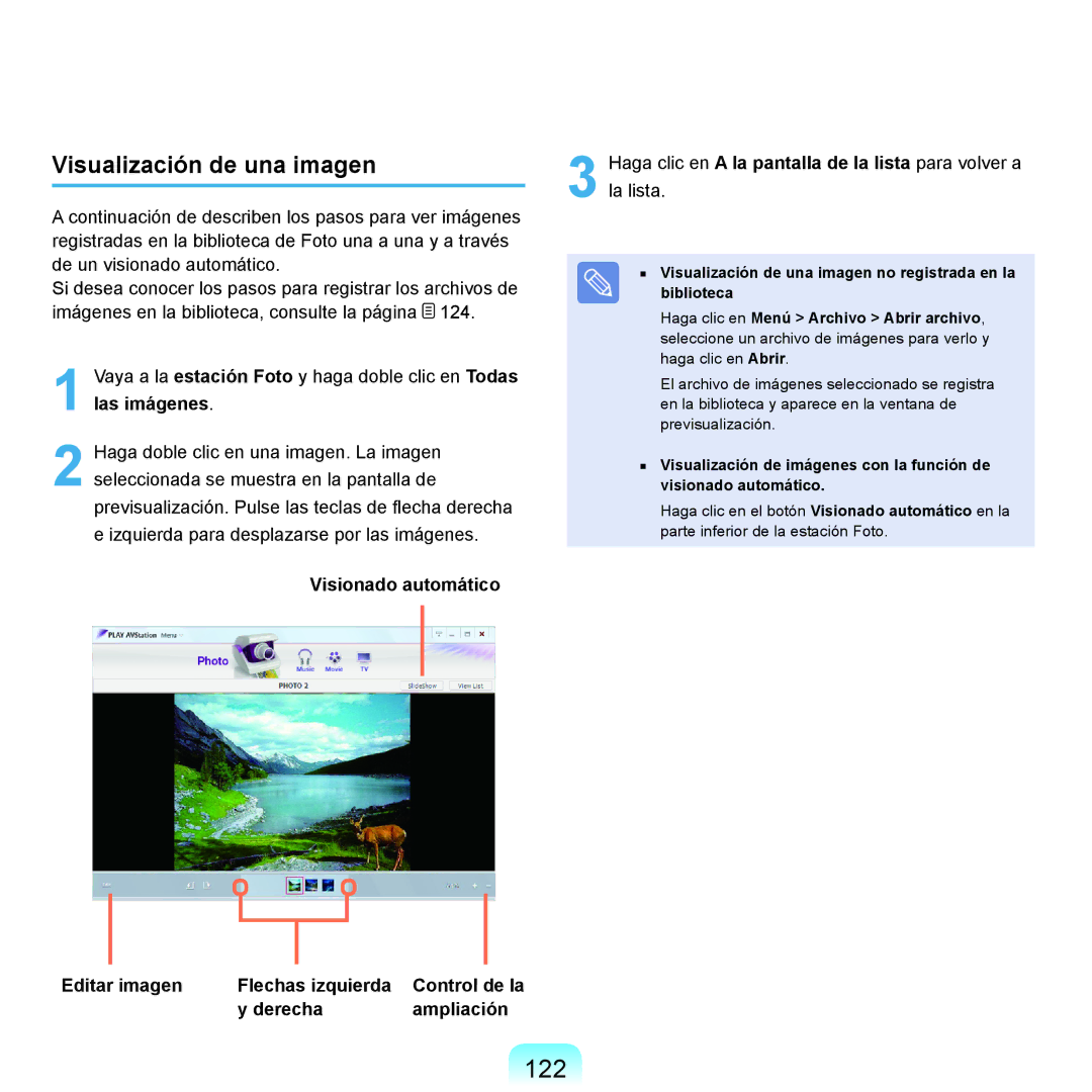 Samsung NP-Q45A004/SES manual 122, Visualización de una imagen, Visionado automático Editar imagen Flechas izquierda 