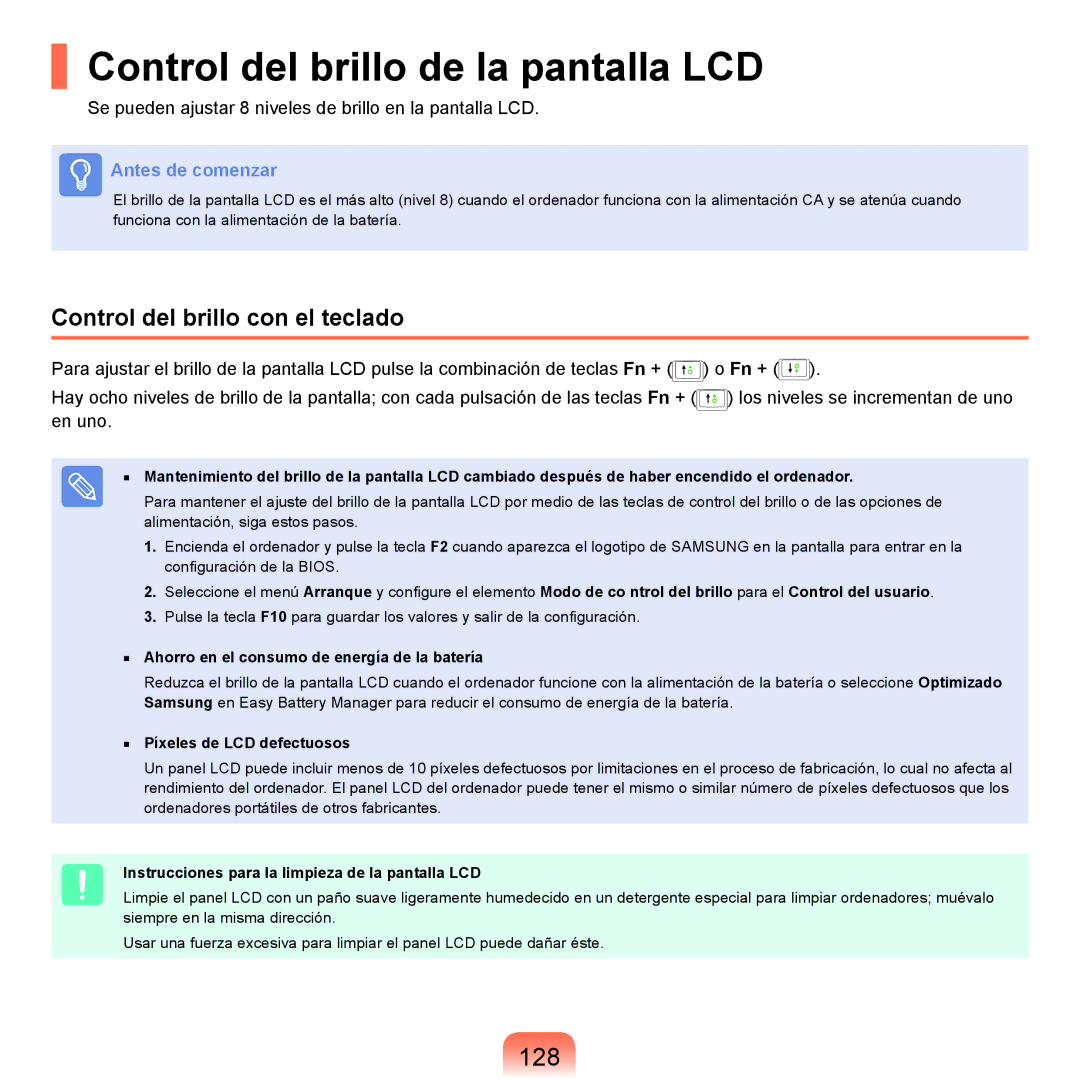 Samsung NP-Q45A006/SES, NP-Q45A001/SES manual Control del brillo de la pantalla LCD, 128, Control del brillo con el teclado 