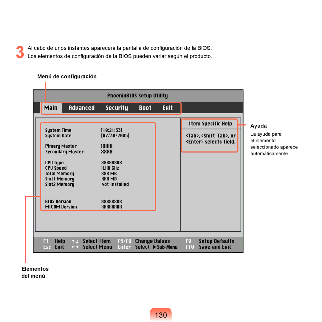 Samsung NP-Q45A000/SES, NP-Q45A001/SES manual 130, Menú de configuración, Elementos, Del menú, Seleccionado aparece 