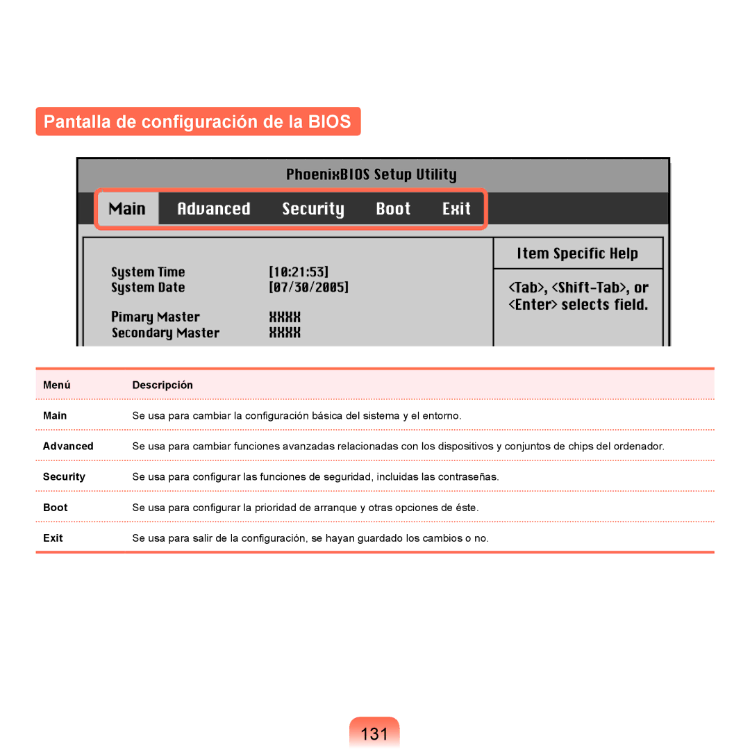 Samsung NP-Q45A004/SES, NP-Q45A001/SES, NP-Q45A003/SES, NP-Q45A007/SES manual Pantalla de configuración de la Bios, 131 