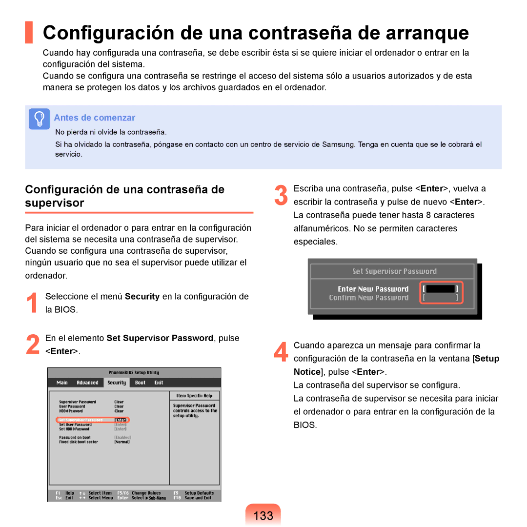 Samsung NP-Q45A008/SES Configuración de una contraseña de arranque, 133, Configuración de una contraseña de supervisor 