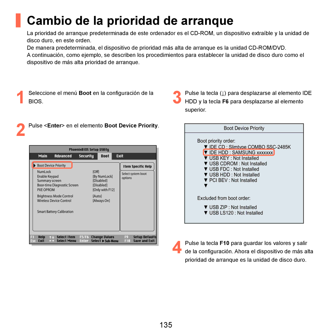 Samsung NP-Q45A003/SES, NP-Q45A001/SES, NP-Q45A007/SES, NP-Q45A006/SES manual Cambio de la prioridad de arranque, 135 