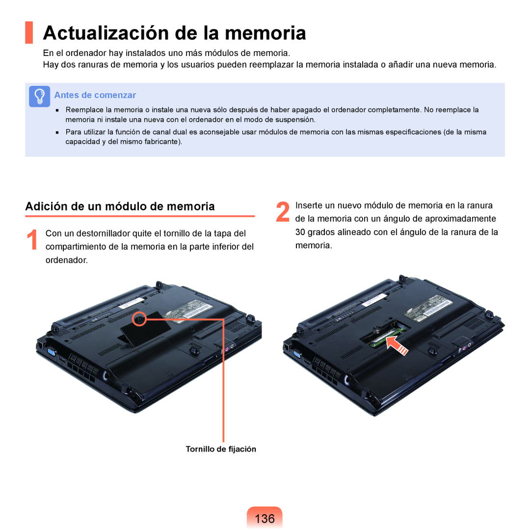 Samsung NP-Q45A007/SES, NP-Q45A001/SES, NP-Q45A003/SES Actualización de la memoria, 136, Adición de un módulo de memoria 