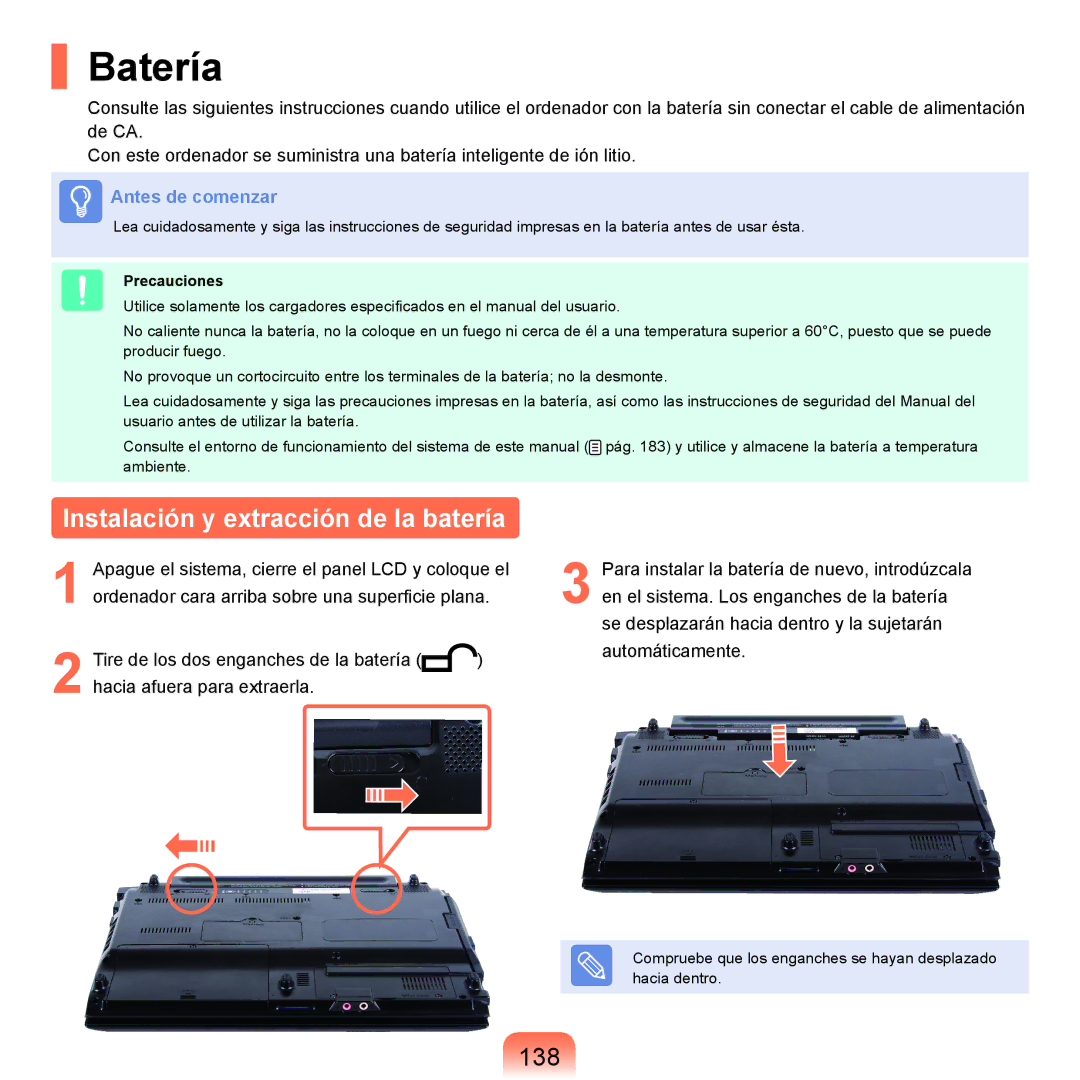 Samsung NP-Q45A005/SES, NP-Q45A001/SES, NP-Q45A003/SES Batería, Instalación y extracción de la batería, 138, Precauciones 