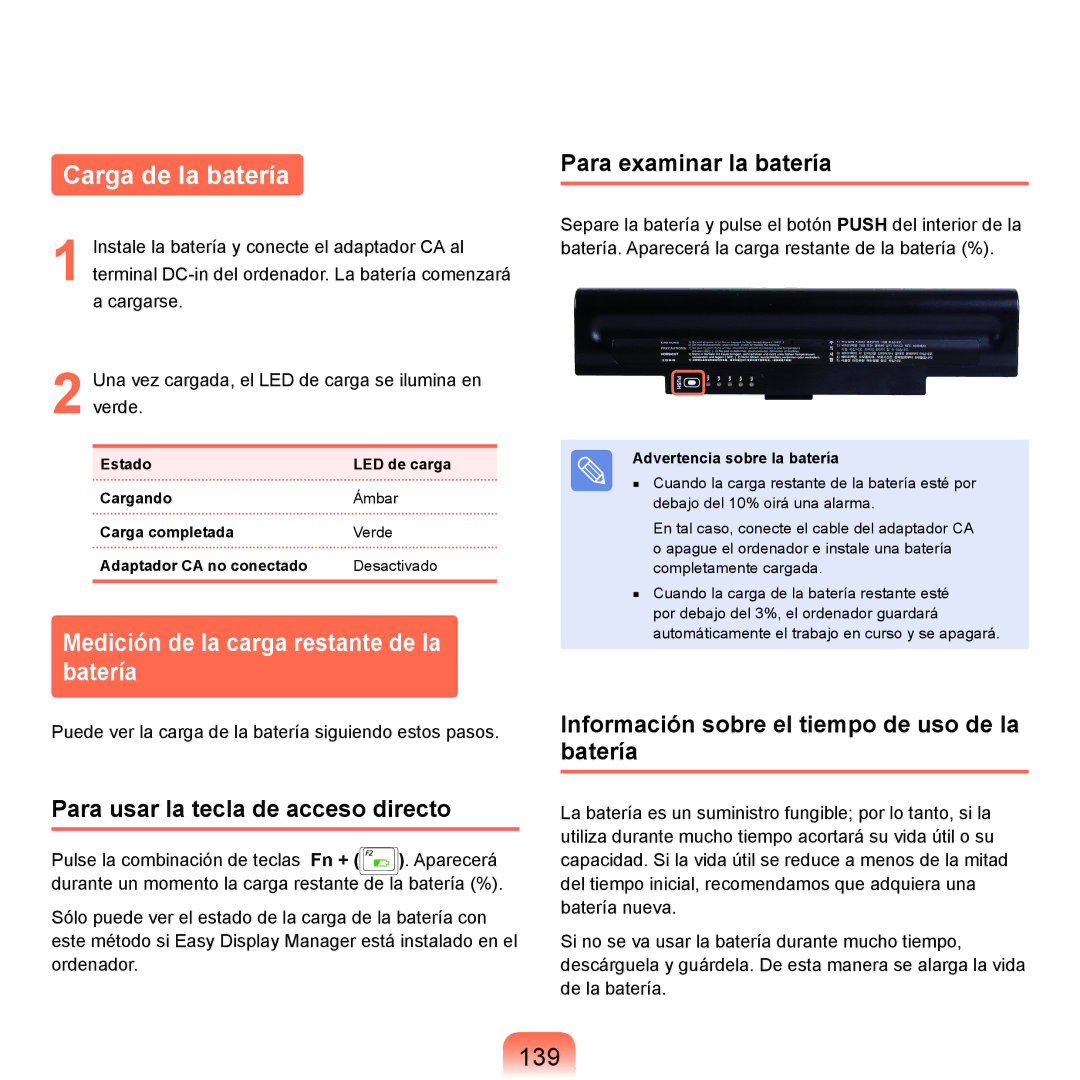 Samsung NP-Q45A000/SES, NP-Q45A001/SES manual Carga de la batería, Medición de la carga restante de la batería, 139 