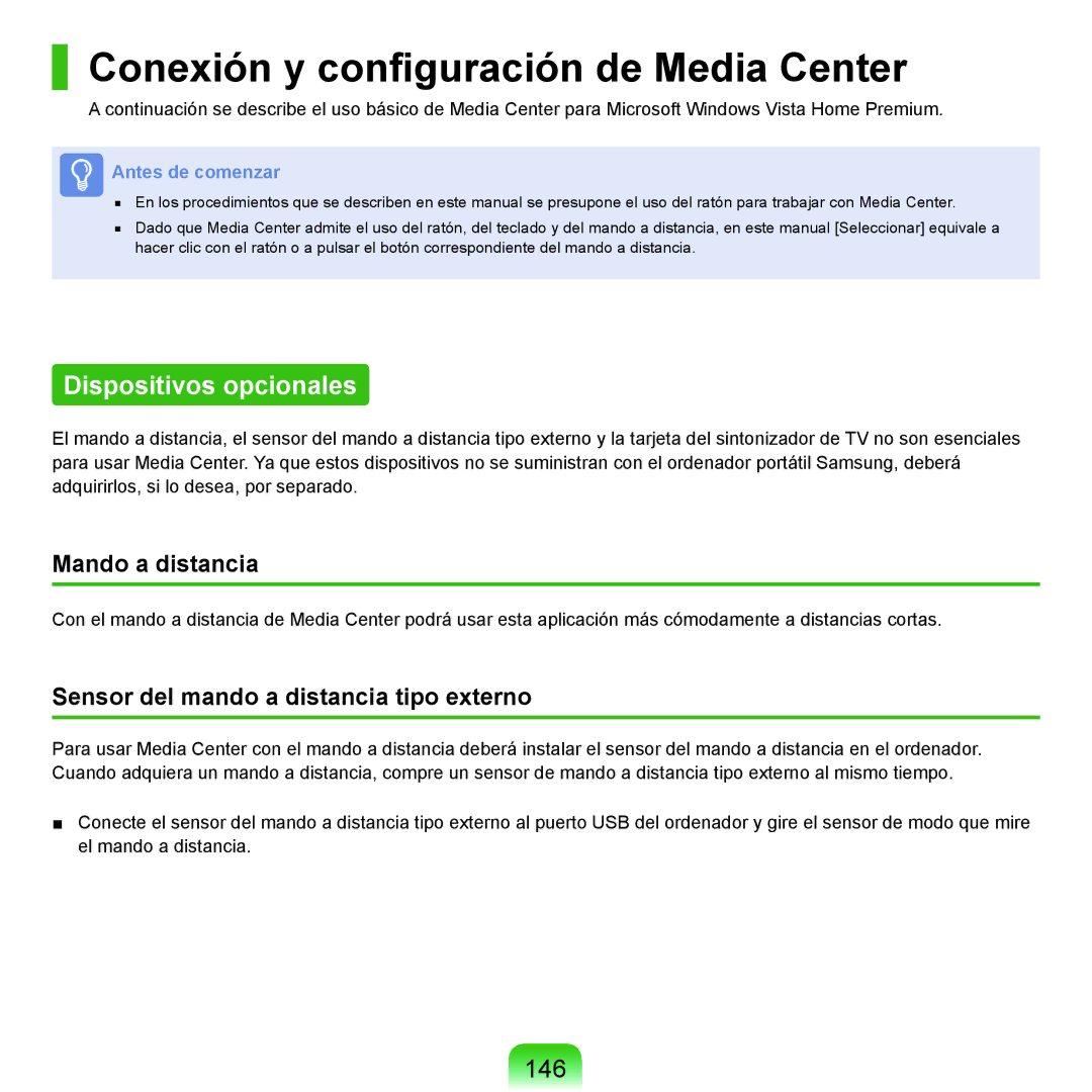 Samsung NP-Q45A006/SES manual Conexión y configuración de Media Center, Dispositivos opcionales, 146, Mando a distancia 