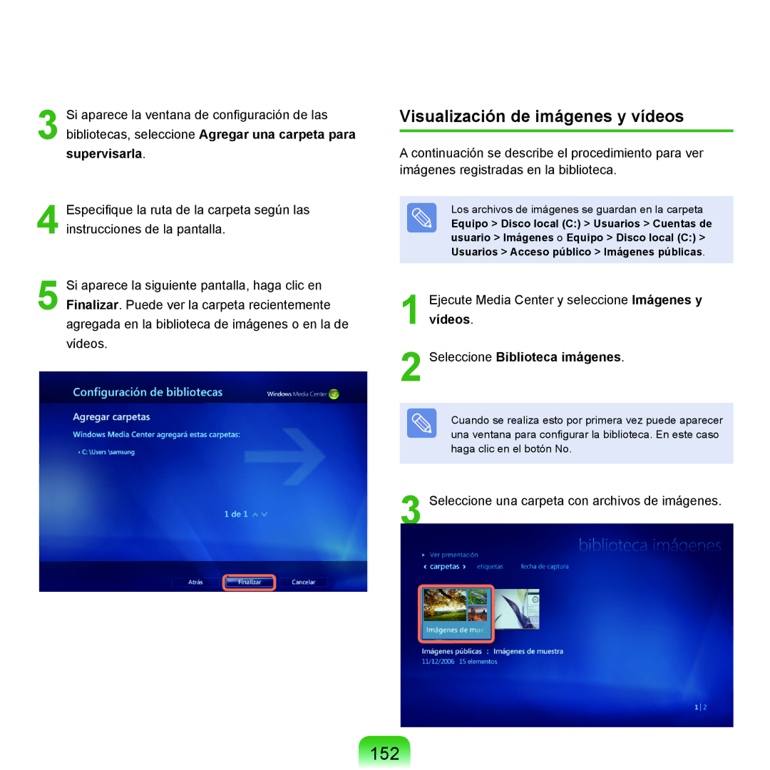 Samsung NP-Q45A001/SES, NP-Q45A003/SES manual 152, Visualización de imágenes y vídeos, Seleccione Biblioteca imágenes 