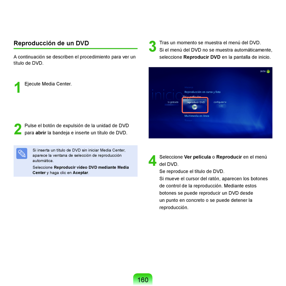 Samsung NP-Q45A008/SES manual 160, Reproducción de un DVD, Seleccione Ver película o Reproducir en el menú del DVD 