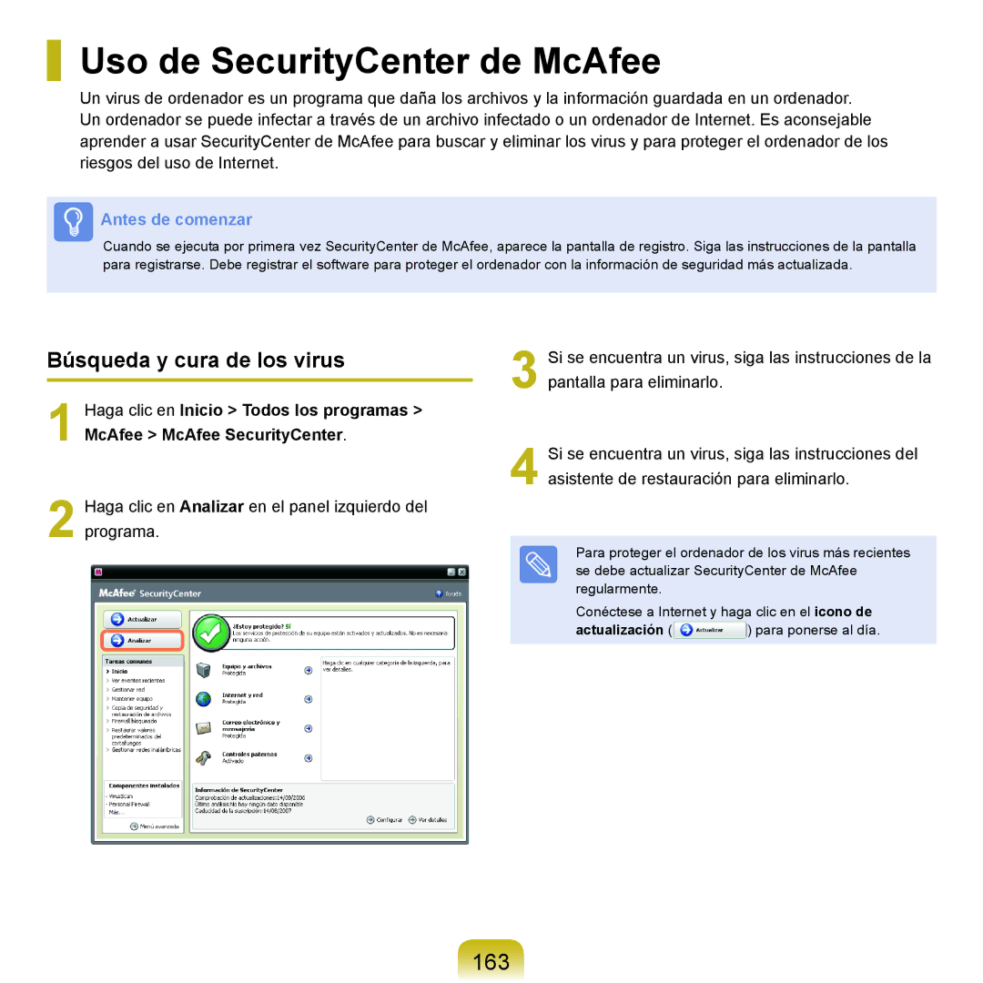 Samsung NP-Q45A007/SES, NP-Q45A001/SES Uso de SecurityCenter de McAfee, 163, Búsqueda y cura de los virus, Actualización 