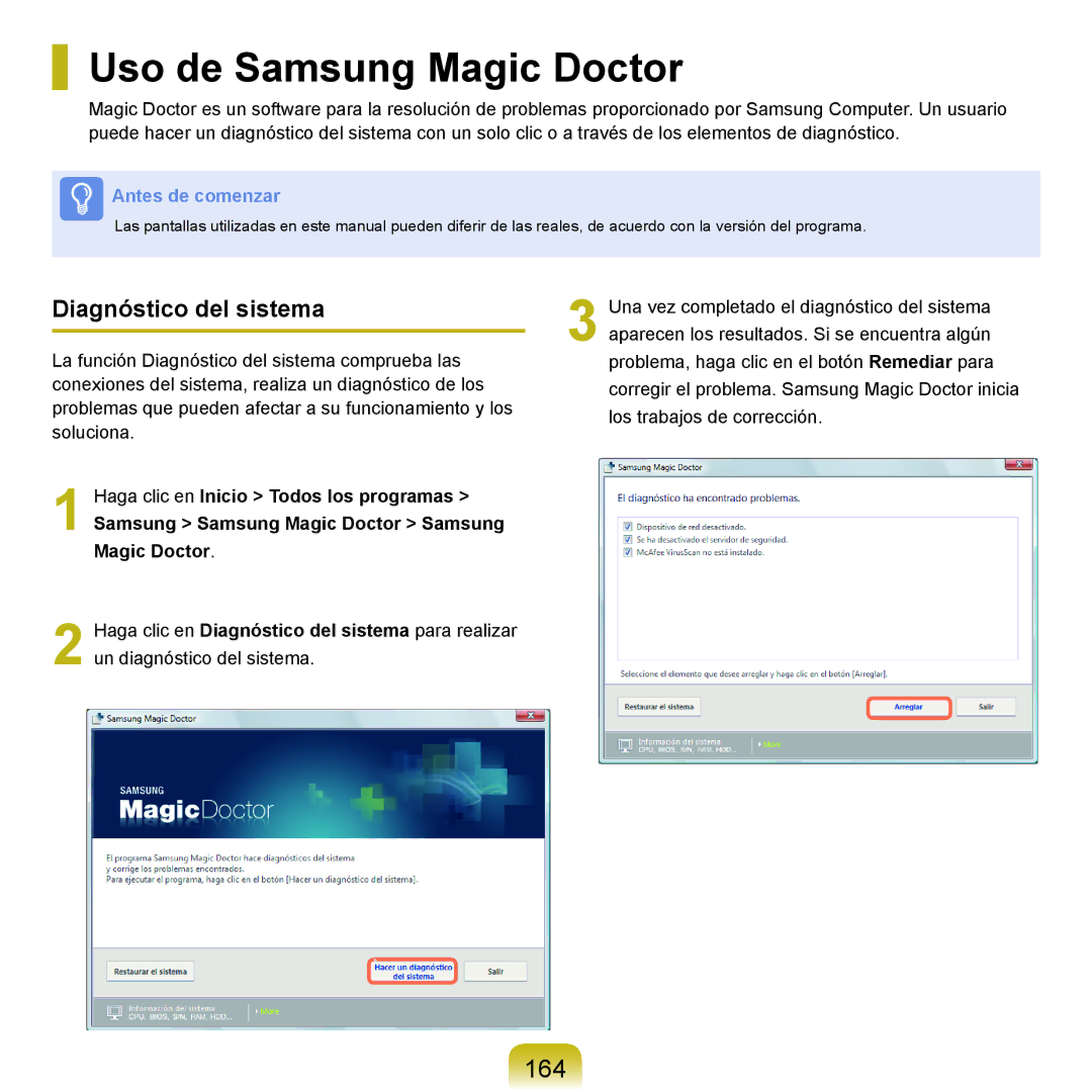 Samsung NP-Q45A006/SES, NP-Q45A001/SES, NP-Q45A003/SES manual Uso de Samsung Magic Doctor, 164, Diagnóstico del sistema 