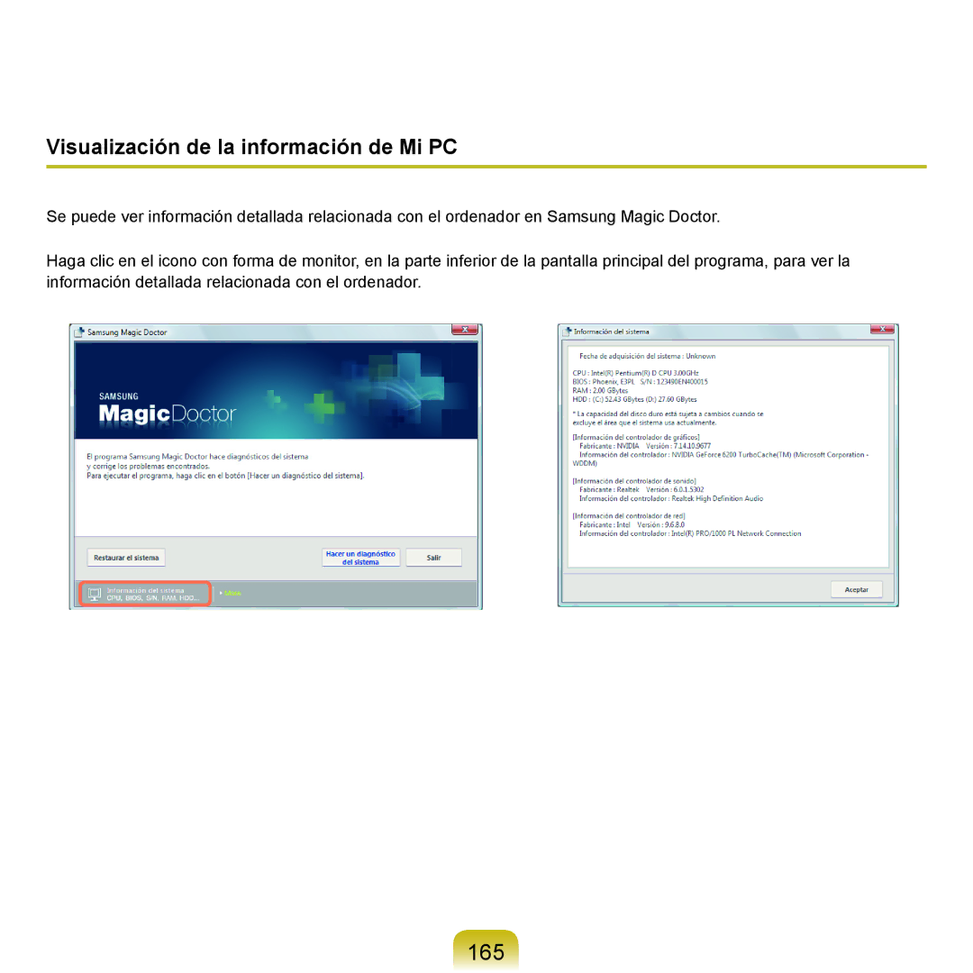 Samsung NP-Q45A005/SES, NP-Q45A001/SES, NP-Q45A003/SES, NP-Q45A007/SES manual 165, Visualización de la información de Mi PC 