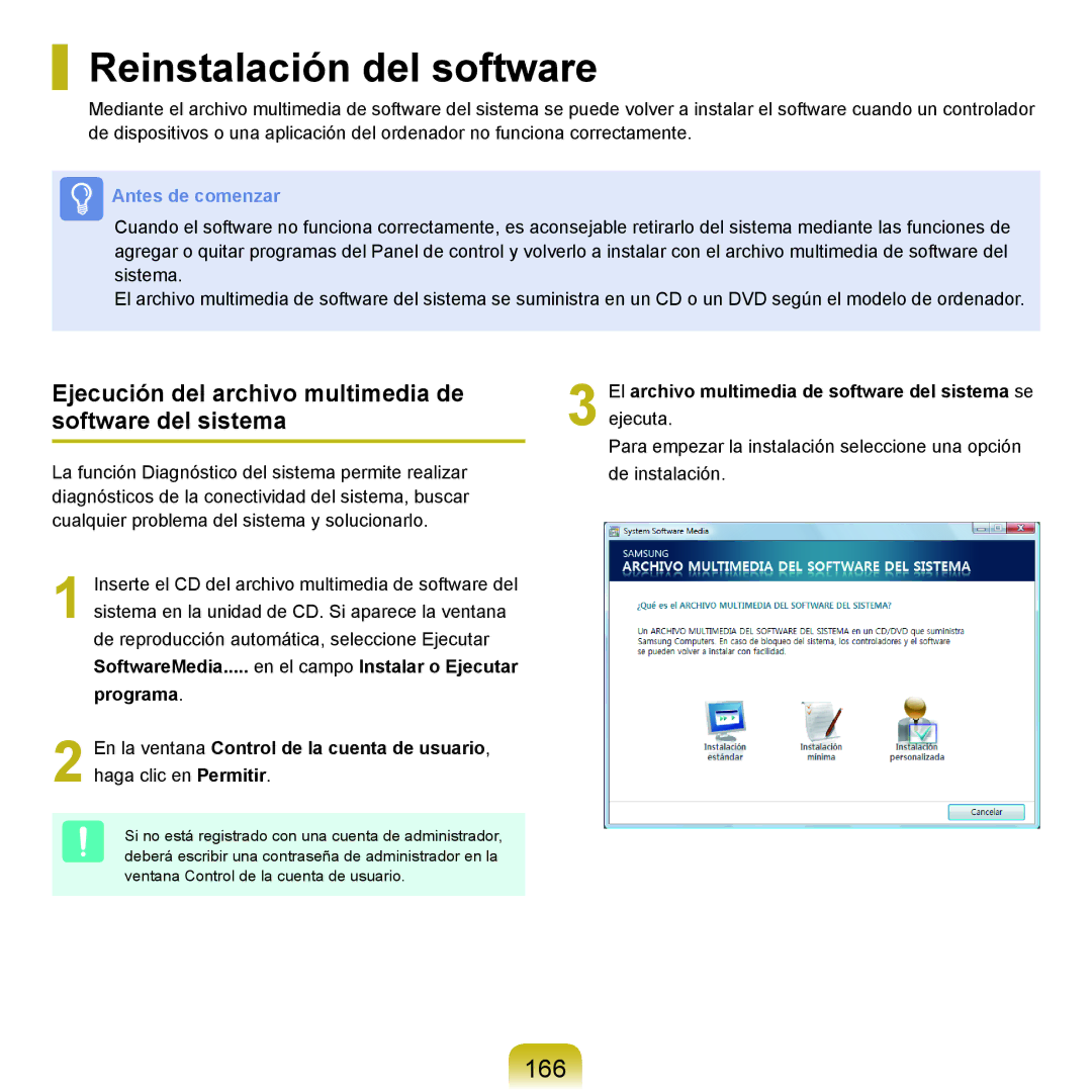 Samsung NP-Q45A000/SES manual Reinstalación del software, 166, Ejecución del archivo multimedia de software del sistema 