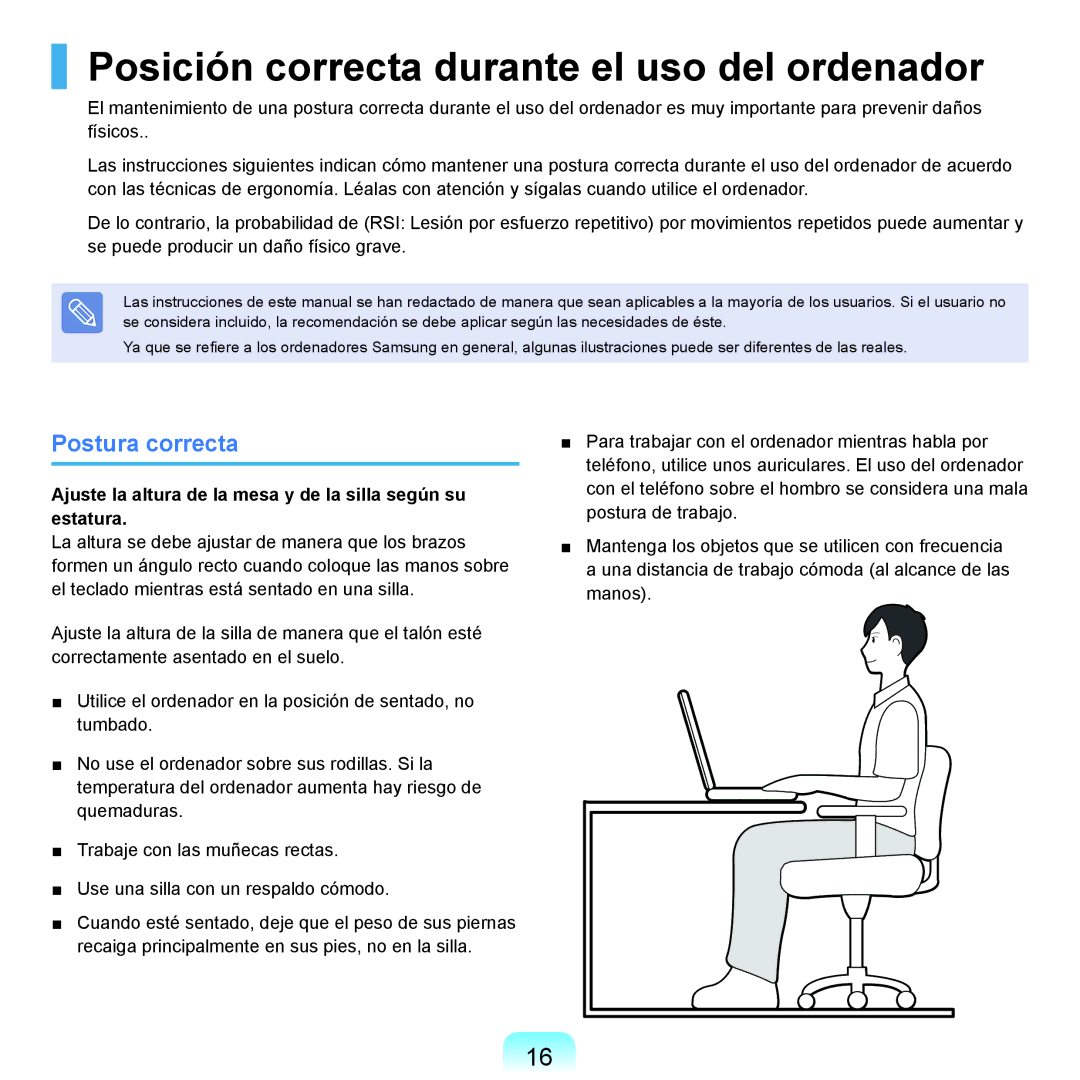 Samsung NP-Q45A008/SES, NP-Q45A001/SES, NP-Q45A003/SES Posición correcta durante el uso del ordenador, Postura correcta 