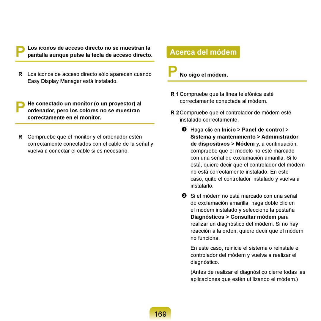 Samsung NP-Q45A008/SES, NP-Q45A001/SES, NP-Q45A003/SES, NP-Q45A007/SES manual Acerca del módem, 169, No oigo el módem 