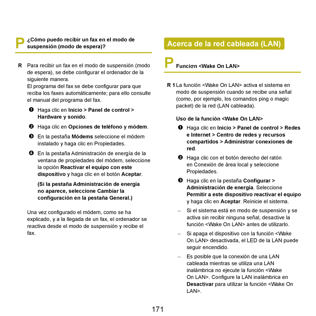 Samsung NP-Q45A003/SES, NP-Q45A001/SES, NP-Q45A007/SES manual Acerca de la red cableada LAN, 171, Funciσn Wake On LAN 