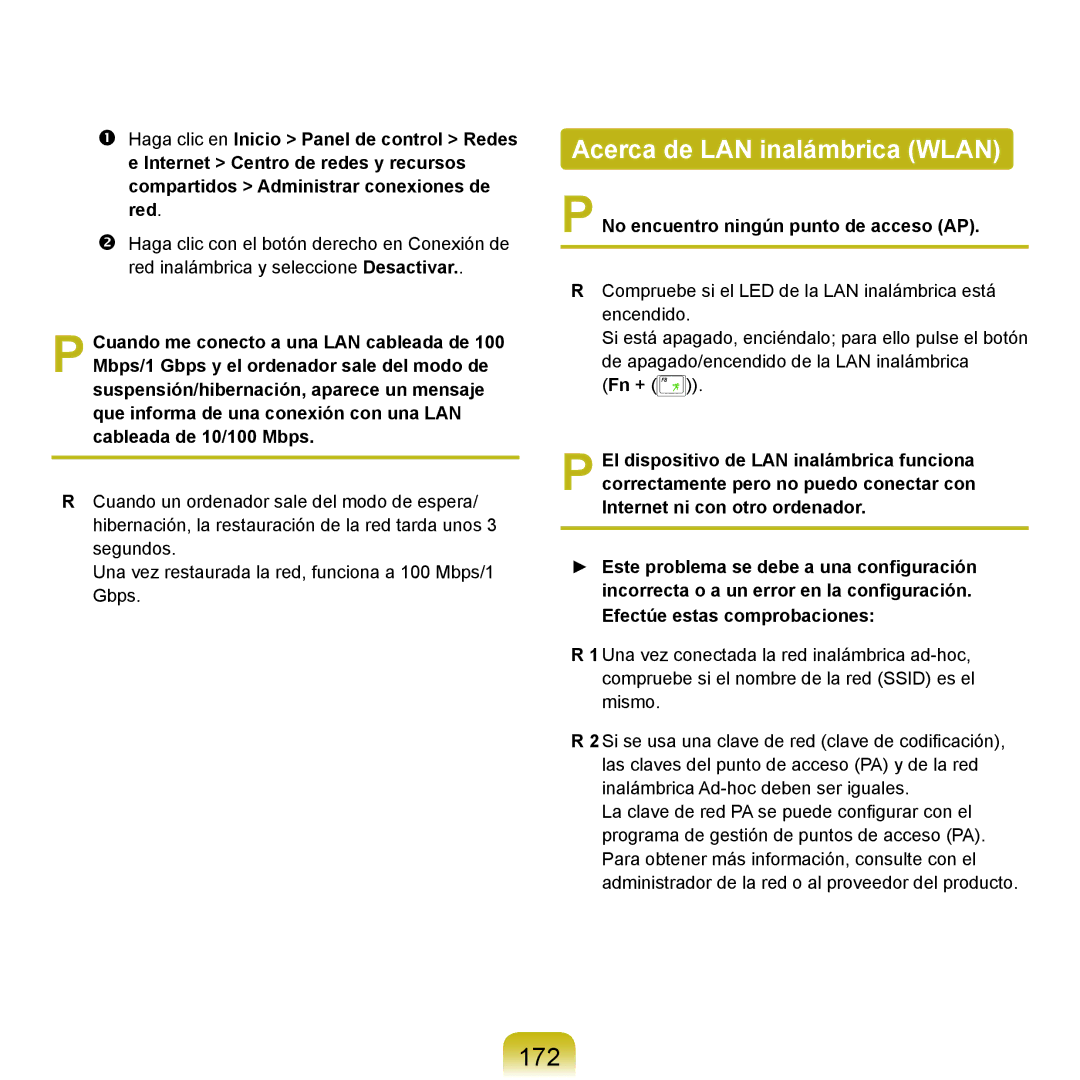 Samsung NP-Q45A007/SES, NP-Q45A001/SES manual Acerca de LAN inalámbrica Wlan, 172, No encuentro ningún punto de acceso AP 