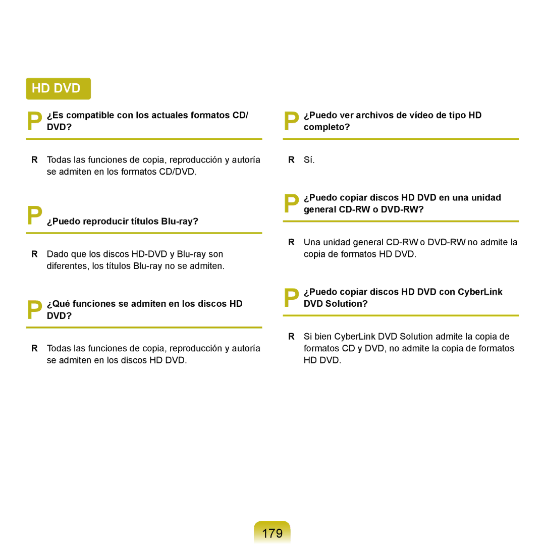 Samsung NP-Q45A001/SES manual 179, ¿Es compatible con los actuales formatos CD/ DVD?, ¿Puedo reproducir títulos Blu-ray? 