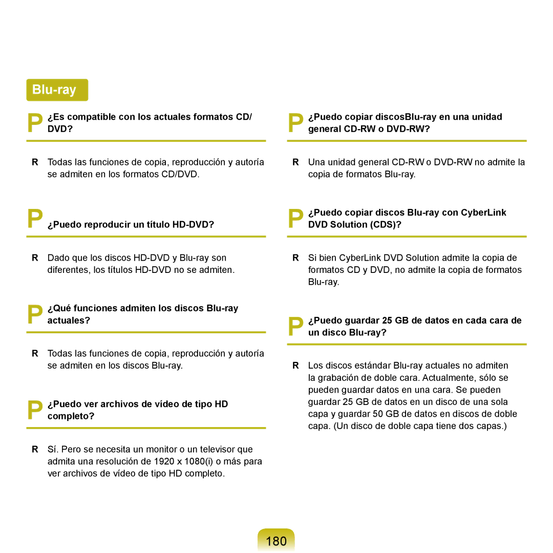 Samsung NP-Q45A003/SES manual 180, ¿Puedo reproducir un título HD-DVD?, ¿Qué funciones admiten los discos Blu-ray actuales? 