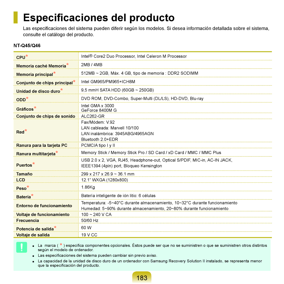 Samsung NP-Q45A005/SES, NP-Q45A001/SES, NP-Q45A003/SES, NP-Q45A007/SES manual Especificaciones del producto, 183, NT-Q45/Q46 