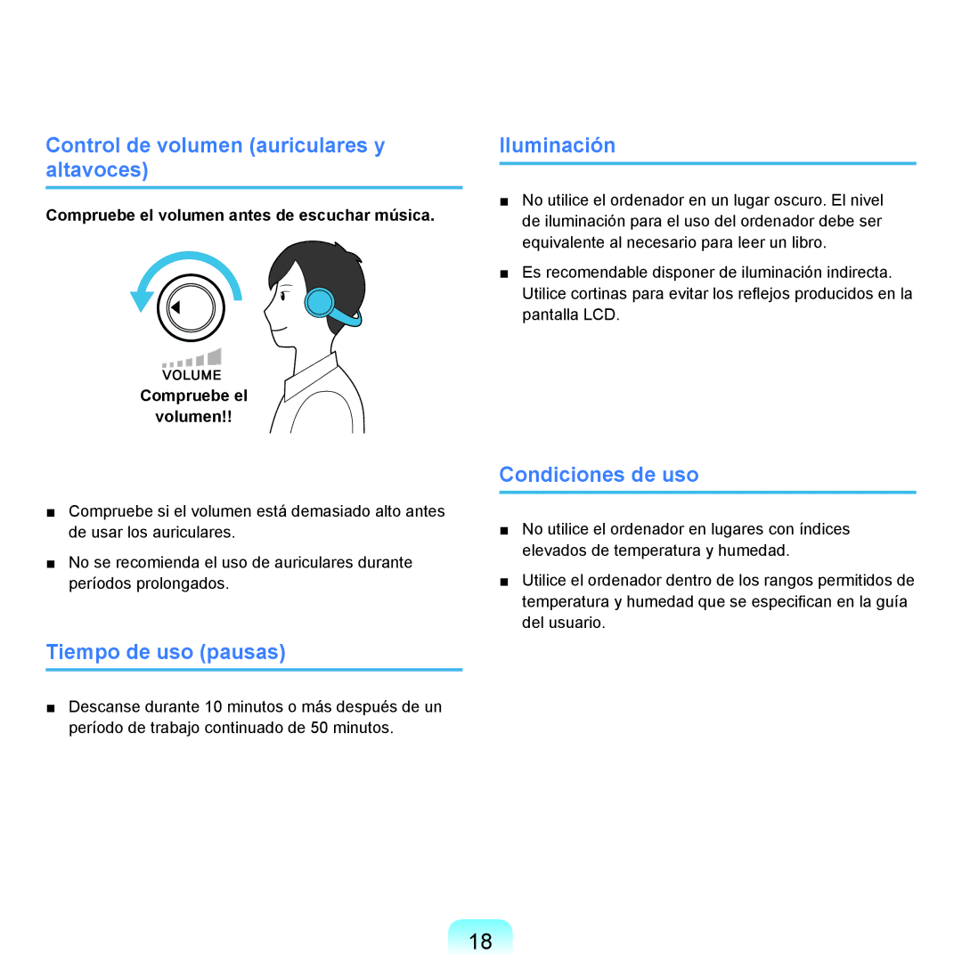 Samsung NP-Q45A003/SES Control de volumen auriculares y altavoces, Iluminación, Tiempo de uso pausas, Condiciones de uso 