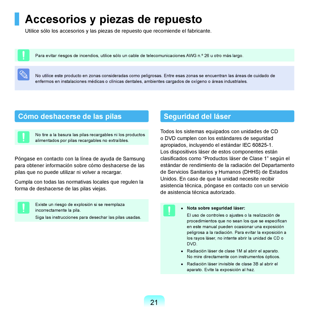 Samsung NP-Q45A005/SES, NP-Q45A001/SES Accesorios y piezas de repuesto, Cómo deshacerse de las pilas, Seguridad del láser 