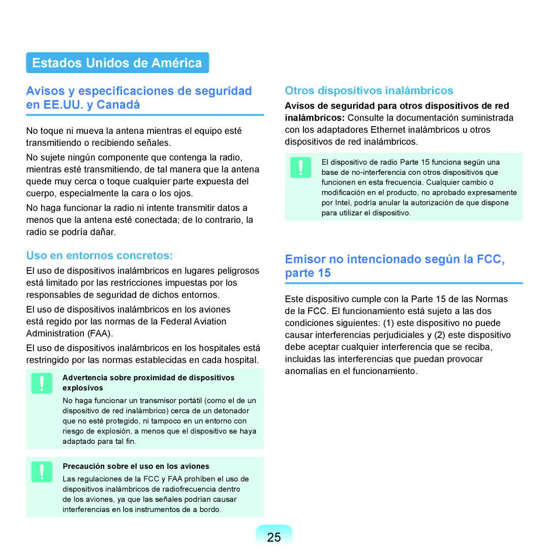 Samsung NP-Q45A008/SES manual Estados Unidos de América, Avisos y especificaciones de seguridad en EE.UU. y Canadá 