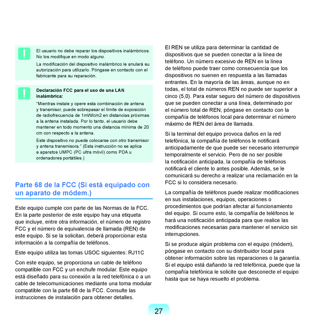 Samsung NP-Q45A003/SES, NP-Q45A001/SES, NP-Q45A007/SES manual Parte 68 de la FCC Si está equipado con un aparato de módem 