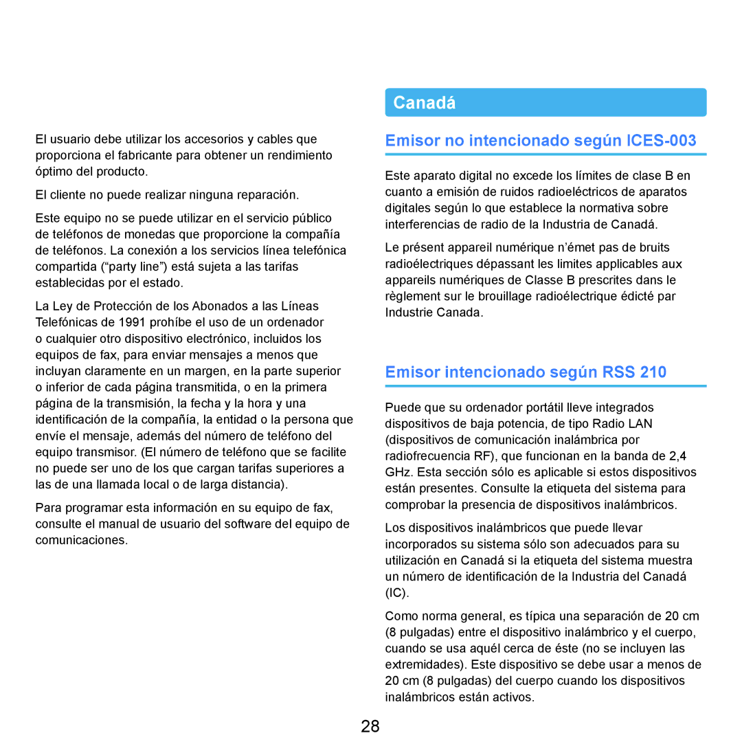 Samsung NP-Q45A007/SES, NP-Q45A001/SES manual Canadá, Emisor no intencionado según ICES-003, Emisor intencionado según RSS 