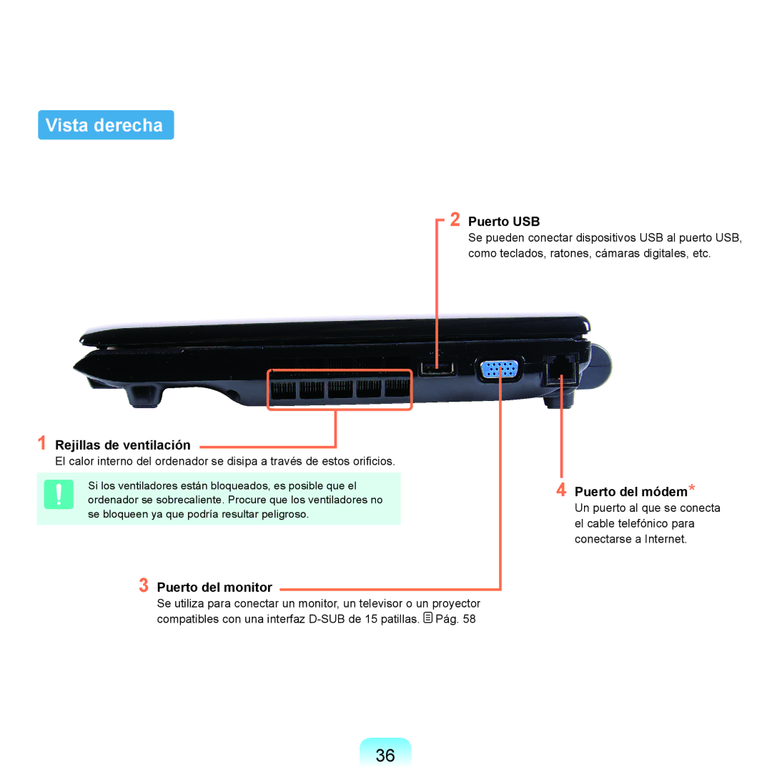 Samsung NP-Q45A003/SES manual Vista derecha, Puerto USB, Rejillas de ventilación, Puerto del monitor, Puerto del módem 