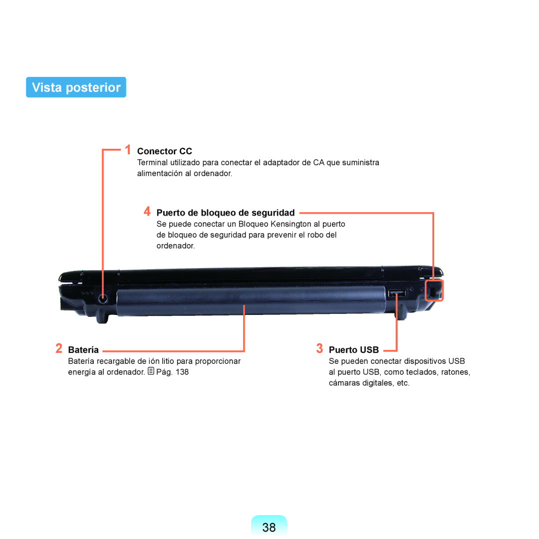 Samsung NP-Q45A006/SES, NP-Q45A001/SES Vista posterior, Conector CC, Puerto de bloqueo de seguridad, Batería Puerto USB 