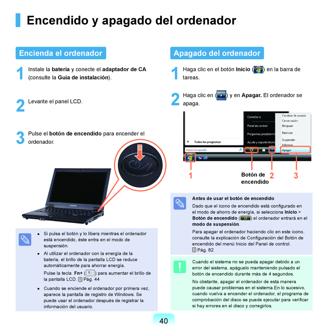 Samsung NP-Q45A000/SES, NP-Q45A001/SES Encendido y apagado del ordenador, Encienda el ordenador, Apagado del ordenador 