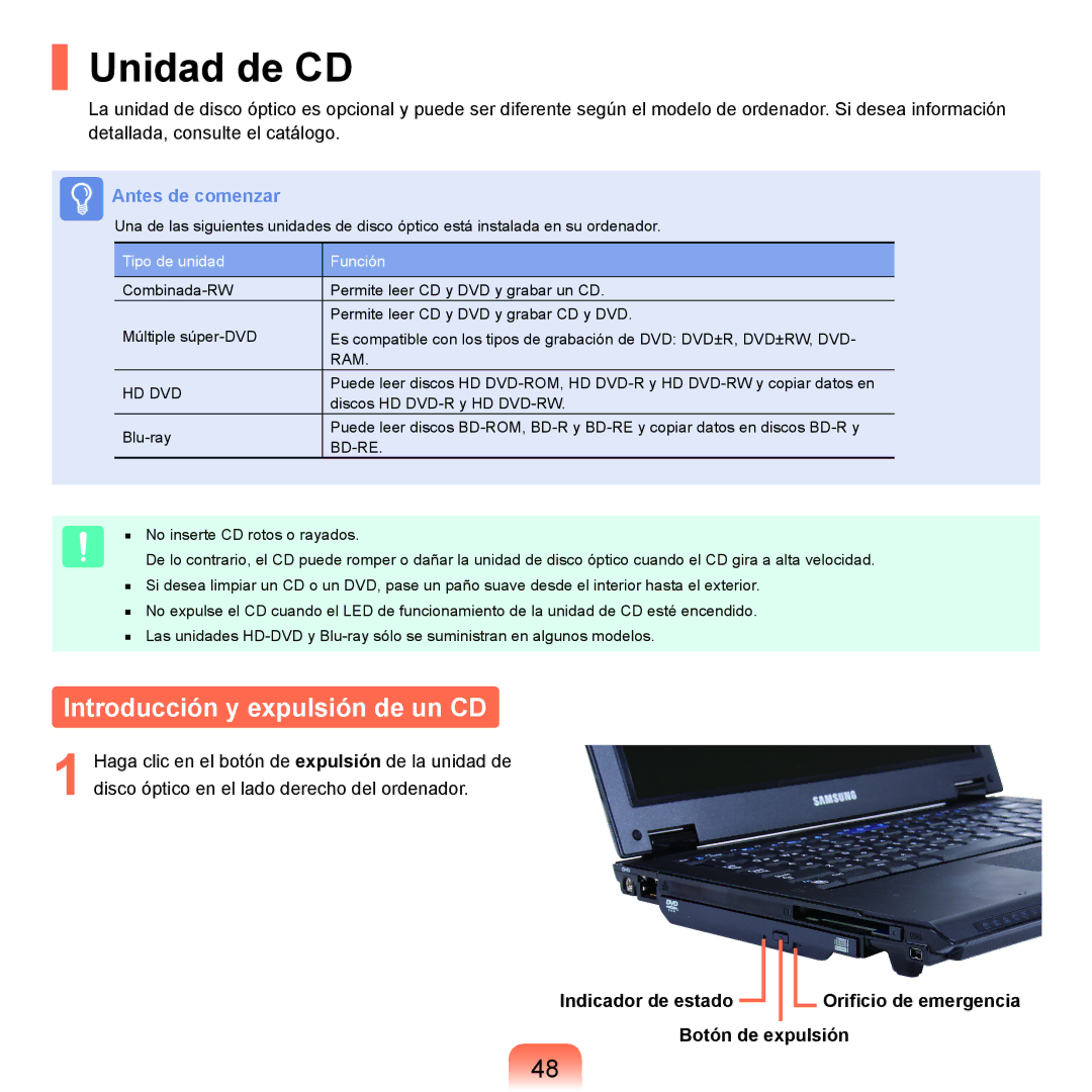 Samsung NP-Q45A005/SES, NP-Q45A001/SES, NP-Q45A003/SES, NP-Q45A007/SES manual Unidad de CD, Introducción y expulsión de un CD 