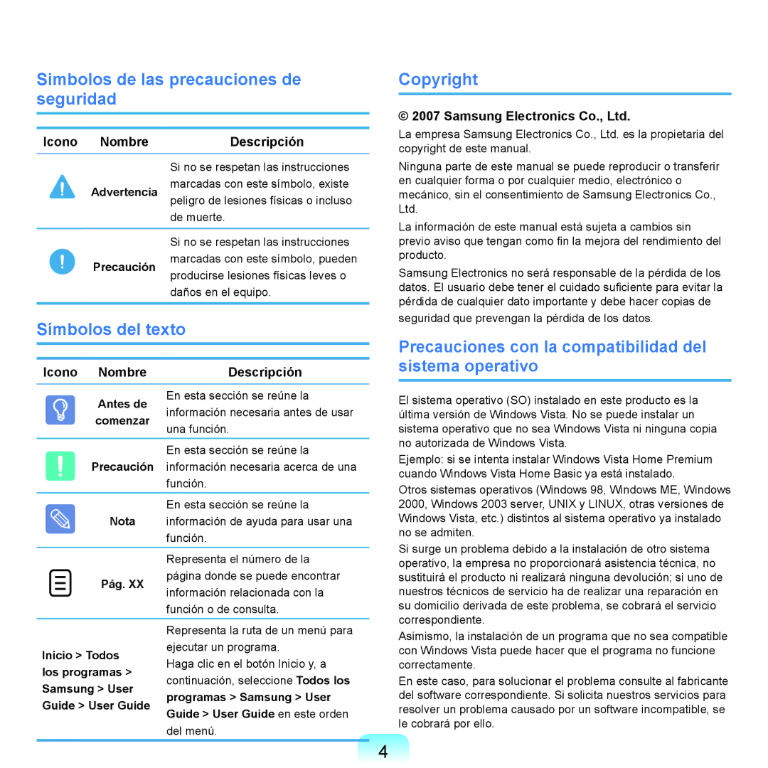 Samsung NP-Q45A000/SES Simbolos de las precauciones de seguridad, Símbolos del texto, Copyright, Icono Nombre Descripción 