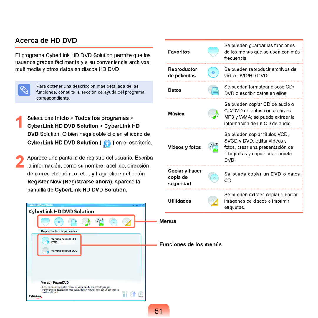 Samsung NP-Q45A002/SES, NP-Q45A001/SES, NP-Q45A003/SES, NP-Q45A007/SES manual Acerca de HD DVD, Menus Funciones de los menús 