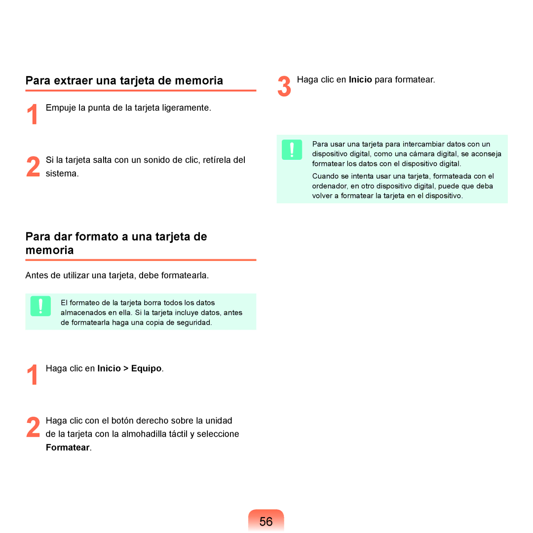 Samsung NP-Q45A006/SES, NP-Q45A001/SES manual Para extraer una tarjeta de memoria, Para dar formato a una tarjeta de memoria 