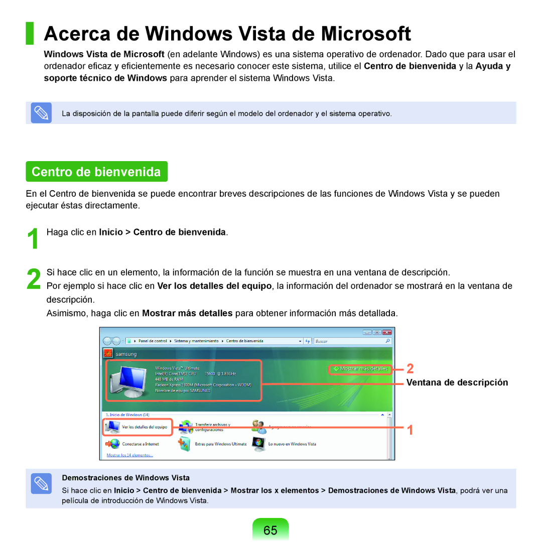 Samsung NP-Q45A006/SES, NP-Q45A001/SES Acerca de Windows Vista de Microsoft, Centro de bienvenida, Ventana de descripción 