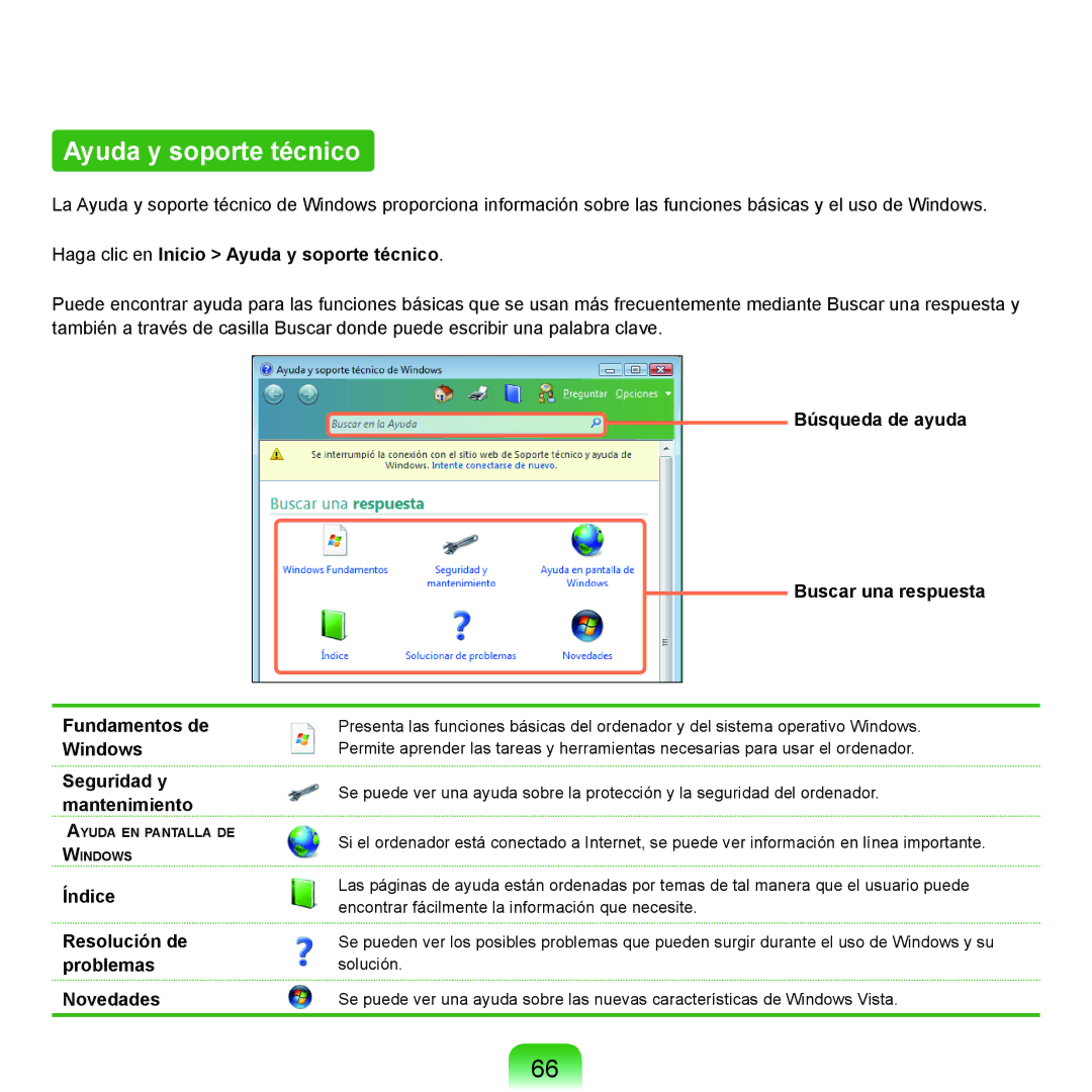 Samsung NP-Q45A005/SES manual Haga clic en Inicio Ayuda y soporte técnico, Índice Resolución de problemas Novedades 