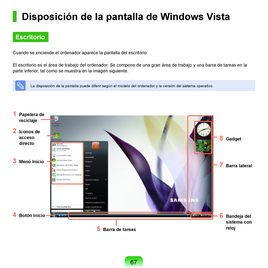 Samsung NP-Q45A000/SES, NP-Q45A001/SES, NP-Q45A003/SES manual Disposición de la pantalla de Windows Vista, Escritorio 